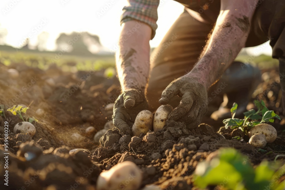 Farmer harvesting fresh potatoes from soil at sunrise with hands covered in dirt Farmer harvesting fresh potatoes from soil at sunrise with hands covered in dirt