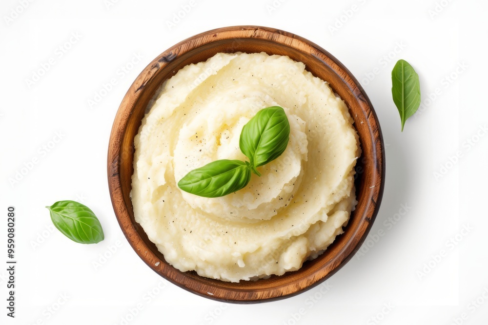 Bowl of creamy mashed potatoes garnished with fresh basil leaves in a wooden bowl on a white
background. Bowl of creamy mashed potatoes garnished with fresh basil leaves in a wooden bowl on a white
background.