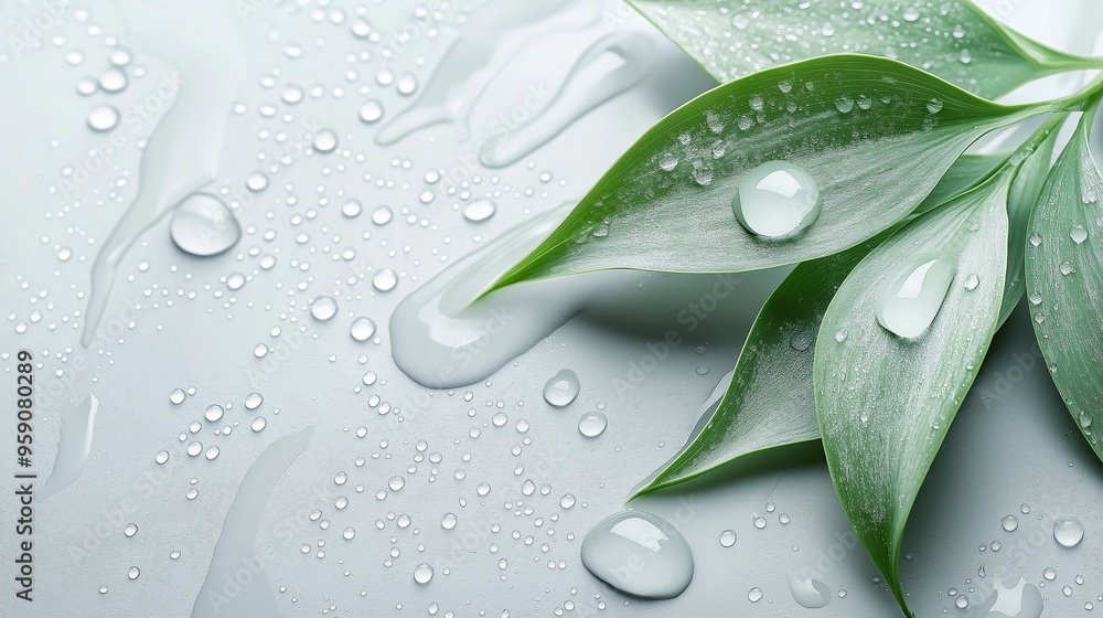 An abstract background featuring green leaves with water droplets on a light surface, symbolizing freshness and nature An abstract background featuring green leaves with water droplets on a light surface, symbolizing freshness and nature