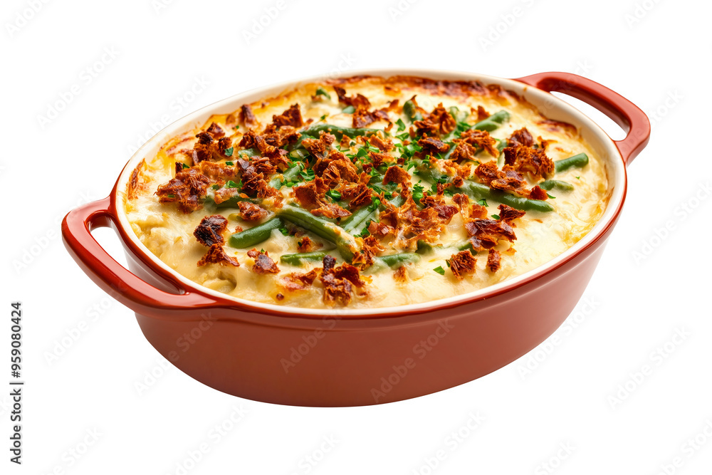Green bean casserole topped with crispy onions in an orange-handled ceramic dish isolated on white background. Concept of traditional holiday Thanksgiving Day side dishes Green bean casserole topped with crispy onions in an orange-handled ceramic dish isolated on white background. Concept of traditional holiday Thanksgiving Day side dishes