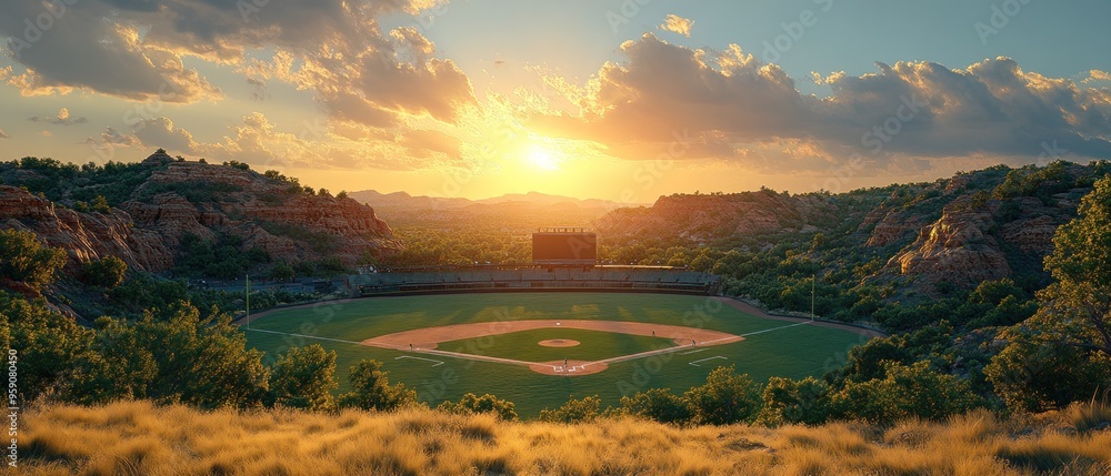 Sunset over a Baseball Field in a Mountainous Landscape Sunset over a Baseball Field in a Mountainous Landscape
