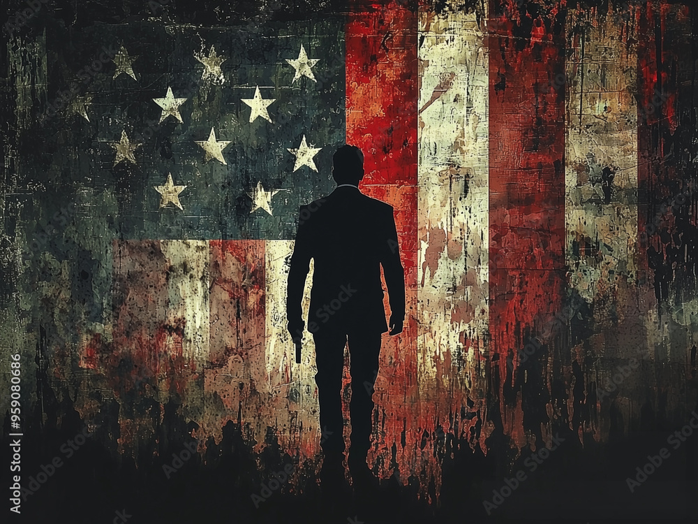 Obraz premium American Revolution - patriot, silhouette, flag, American, man, standing, USA, patriotic, grunge, stars and stripes, dark, independence, national, freedom, unity, pride