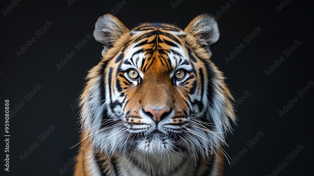 Close-up portrait of a majestic tiger with intense, piercing gaze against a dark background. Close-up portrait of a majestic tiger with intense, piercing gaze against a dark background.
