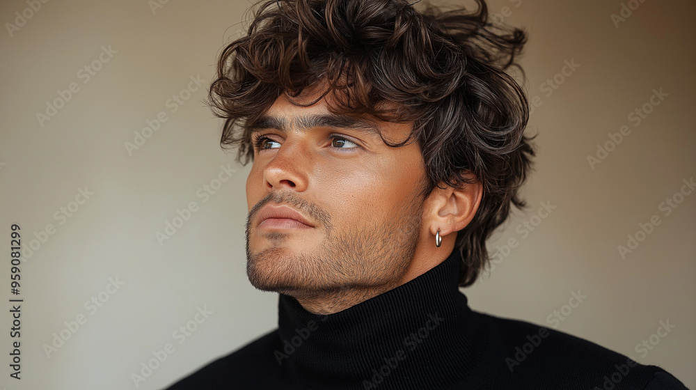 A male model wearing a black turtleneck and earrings, his short hair styled in soft waves, standing in a fashion-forward pose against a clean background, exuding confidence and ele A male model wearing a black turtleneck and earrings, his short hair styled in soft waves, standing in a fashion-forward pose against a clean background, exuding confidence and ele