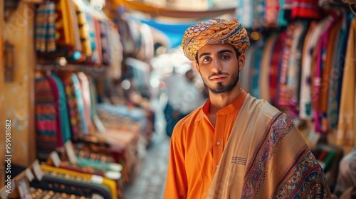 A man wearing orange shirt and turban is standing in a bustling market scene