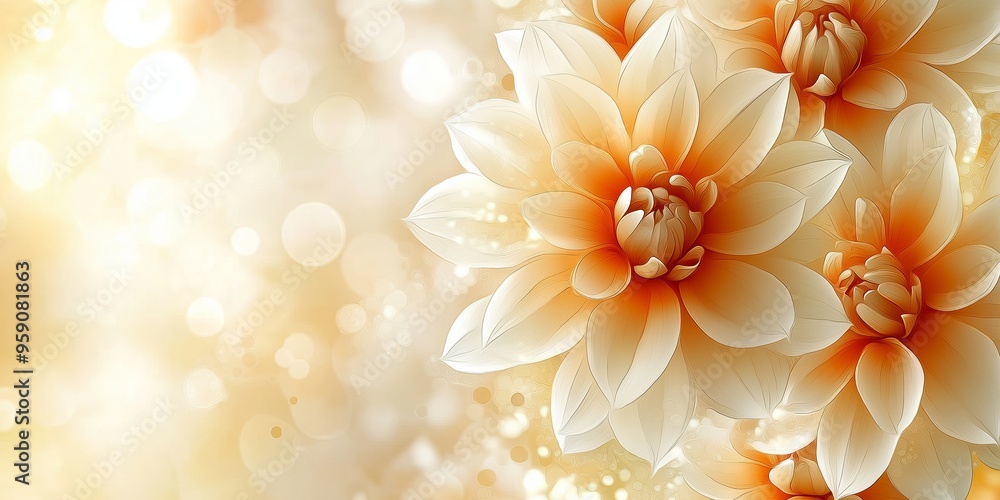 Obraz premium An abstract background featuring soft golden hues with delicate dahlias in white and orange, providing ample copy space