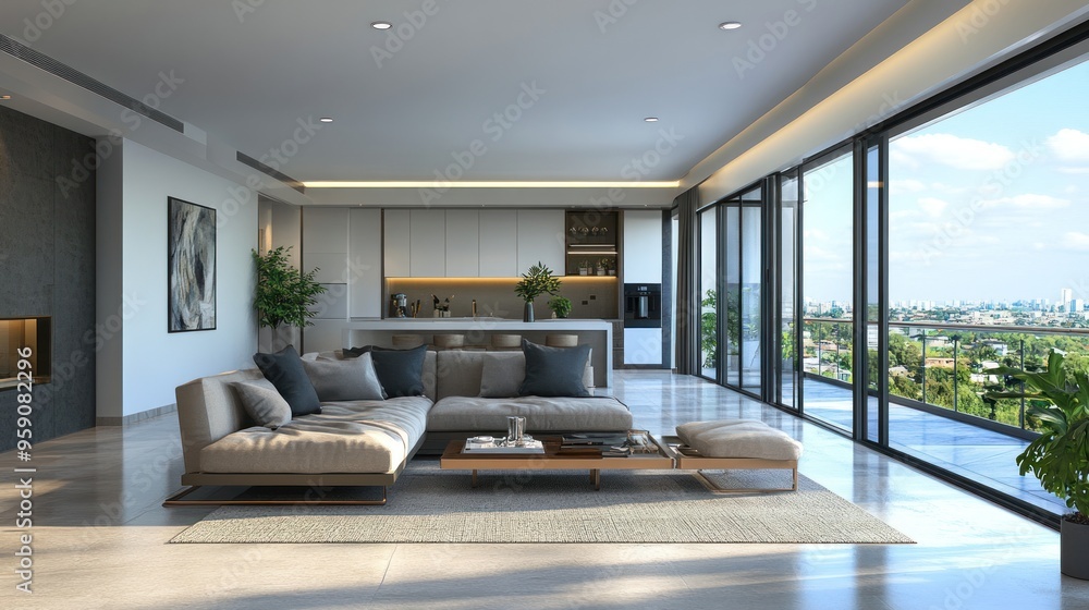Fototapeta premium Modern Living Room with City View