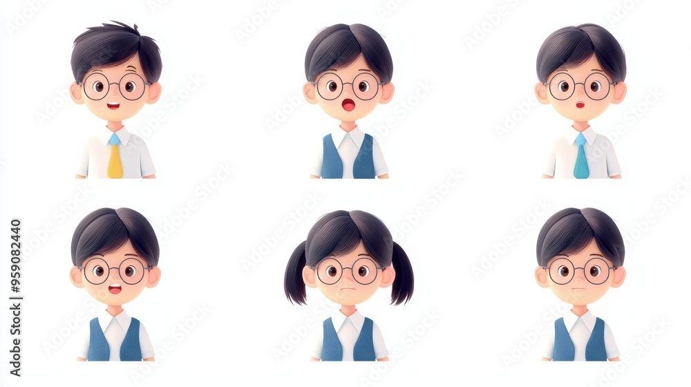 Multiple illustrations of children Teacher with numerous expressions , isolated on white , 3D style Multiple illustrations of children Teacher with numerous expressions , isolated on white , 3D style