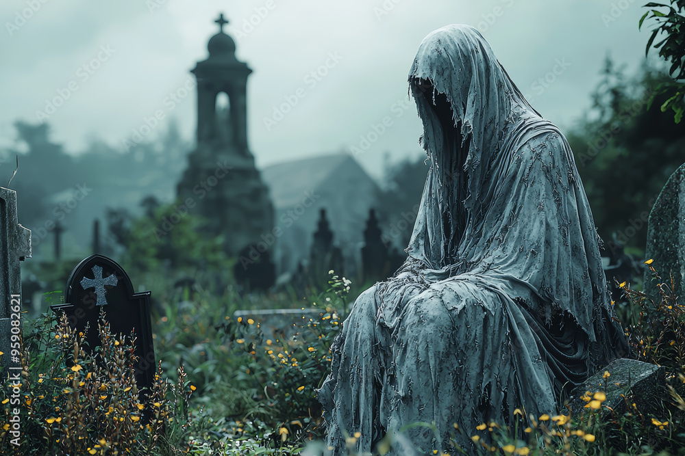 A chilling, ghostly apparition with tattered clothing and a haunting presence, floating through an old cemetery. Concept of ghostly entities and spectral horror. A chilling, ghostly apparition with tattered clothing and a haunting presence, floating through an old cemetery. Concept of ghostly entities and spectral horror.