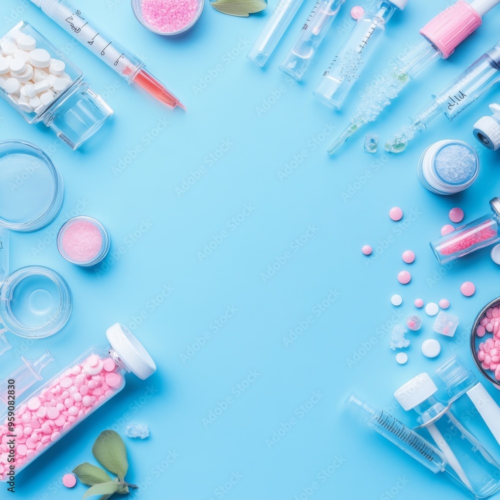 Pink and white pills and lab equipment arranged around blue background. Pink and white pills and lab equipment arranged around blue background.