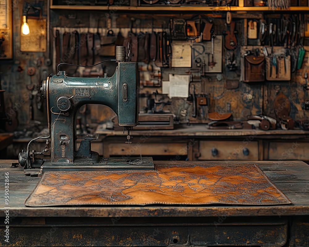 Fototapeta premium A vintage sewing machine sits on a table in a workshop. The machine is surrounded by various tools and equipment, including scissors, a ruler, and a clock