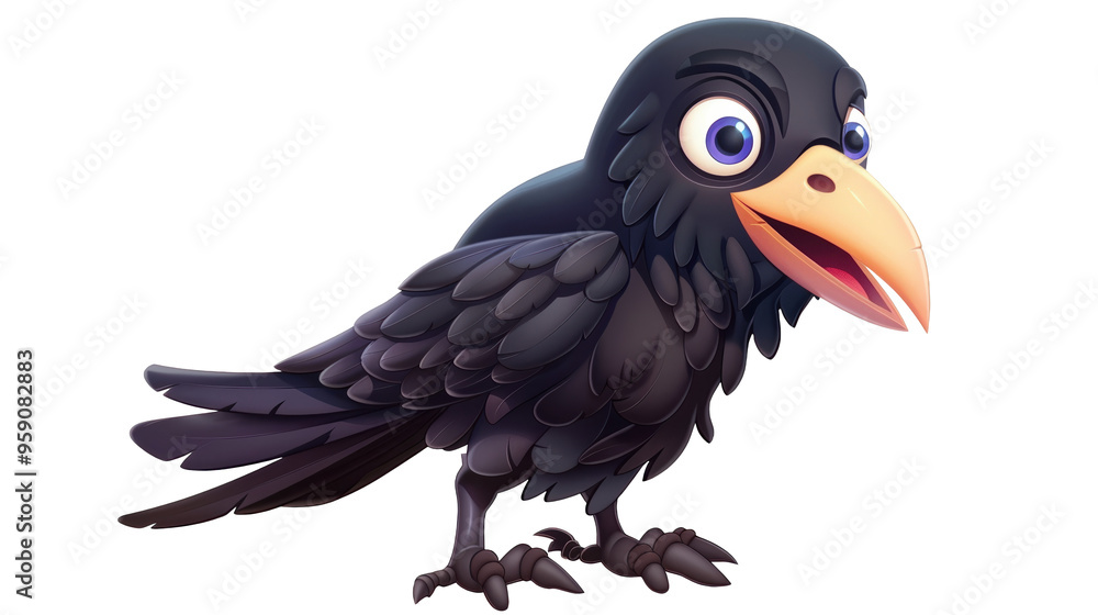 Obraz premium A cartoon crow with a big beak isolated on white or transparent background, png clipart, design element. Easy to place on any other background.