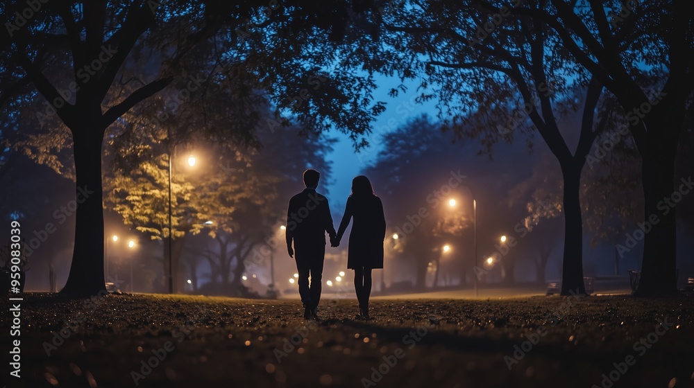 A couple strolls hand in hand beneath glowing streetlights in a serene park at dusk A couple strolls hand in hand beneath glowing streetlights in a serene park at dusk