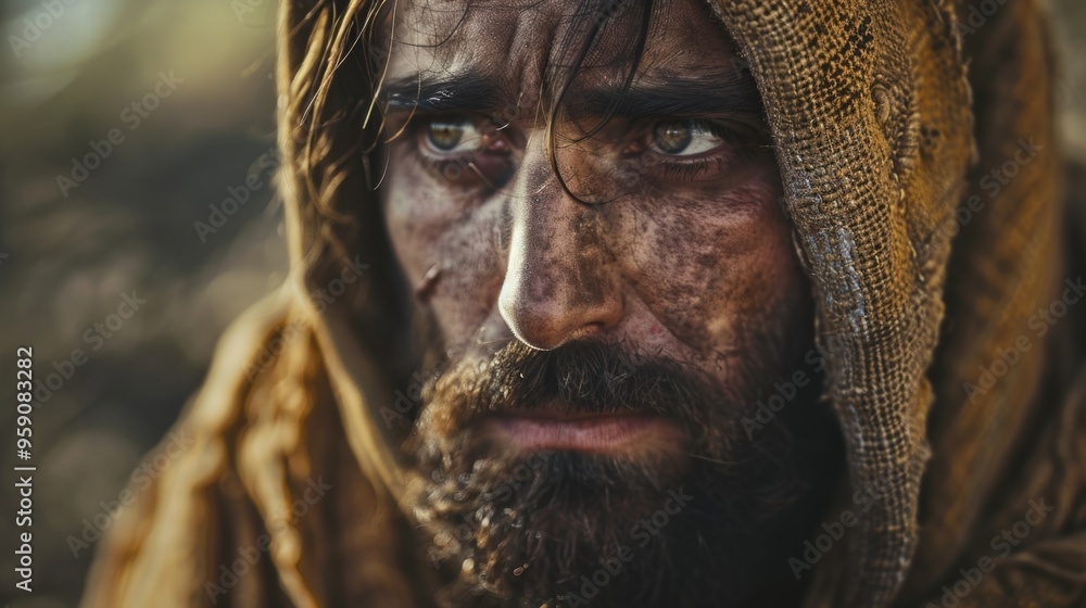A close-up view of a person wearing a hood, highlighting their face and attire A close-up view of a person wearing a hood, highlighting their face and attire