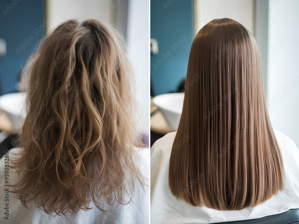Before and after comparison of keratin hair treatment and hairstyling Before and after comparison of keratin hair treatment and hairstyling
