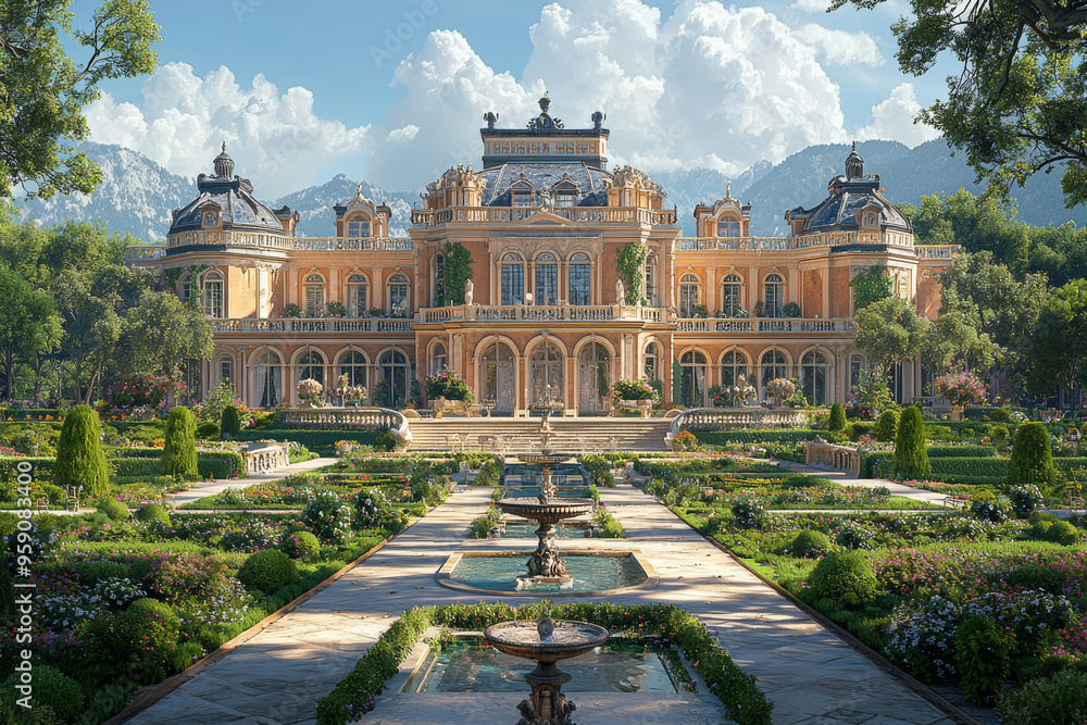 Fototapeta premium A baroque palace with expansive gardens and elaborate fountains, showcasing the opulence of the time. Concept of royal luxury and horticultural design.