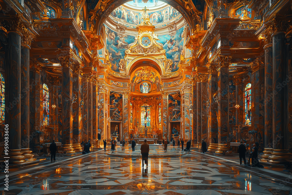 Fototapeta premium A baroque church adorned with intricate gold leaf and elaborate frescoes, with worshippers attending a solemn mass. Concept of religious splendor and artistry.