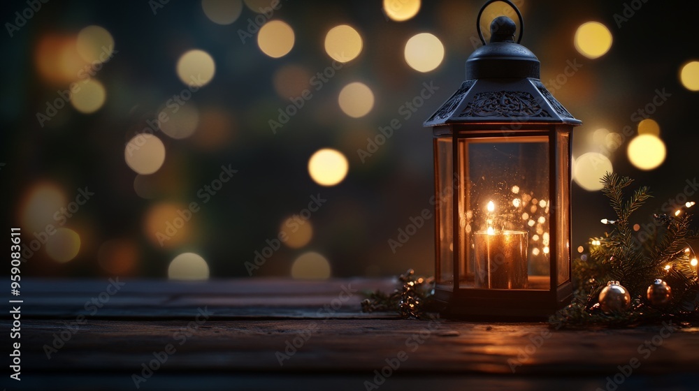 Cozy lantern with candlelight and festive bokeh creating warm atmosphere Cozy lantern with candlelight and festive bokeh creating warm atmosphere
