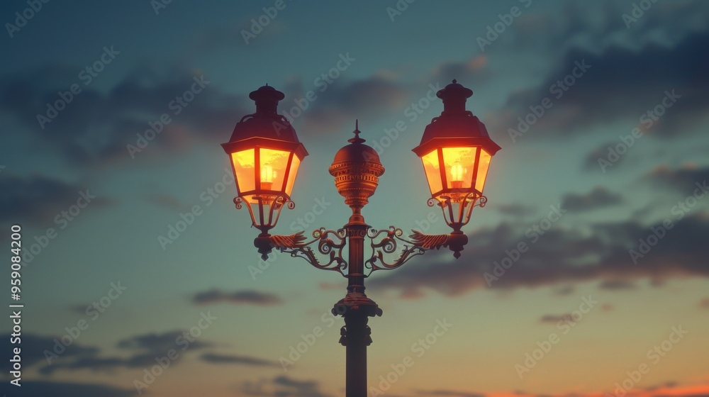 A pair of streetlights perched atop a utility pole, casting light in the dark A pair of streetlights perched atop a utility pole, casting light in the dark