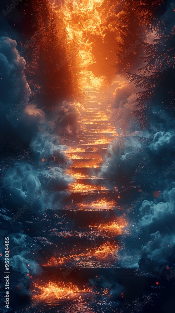 Obraz premium Stairway to Heaven with glowing light shining through the clouds.