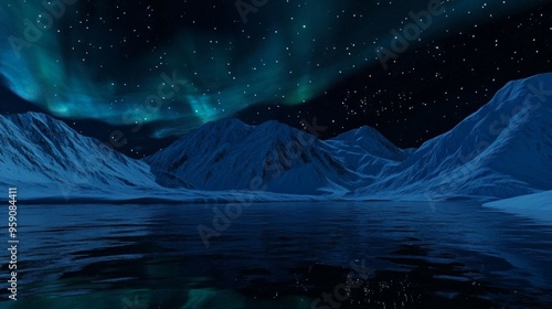 An Aurora Borealis over a snowy landscape. A majestic Northern Lights background with copy space.