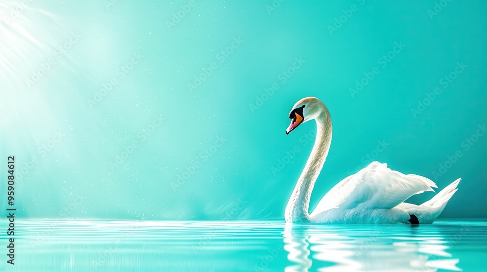 Fototapeta premium Elegant white swan posing on a minimalist turquoise background