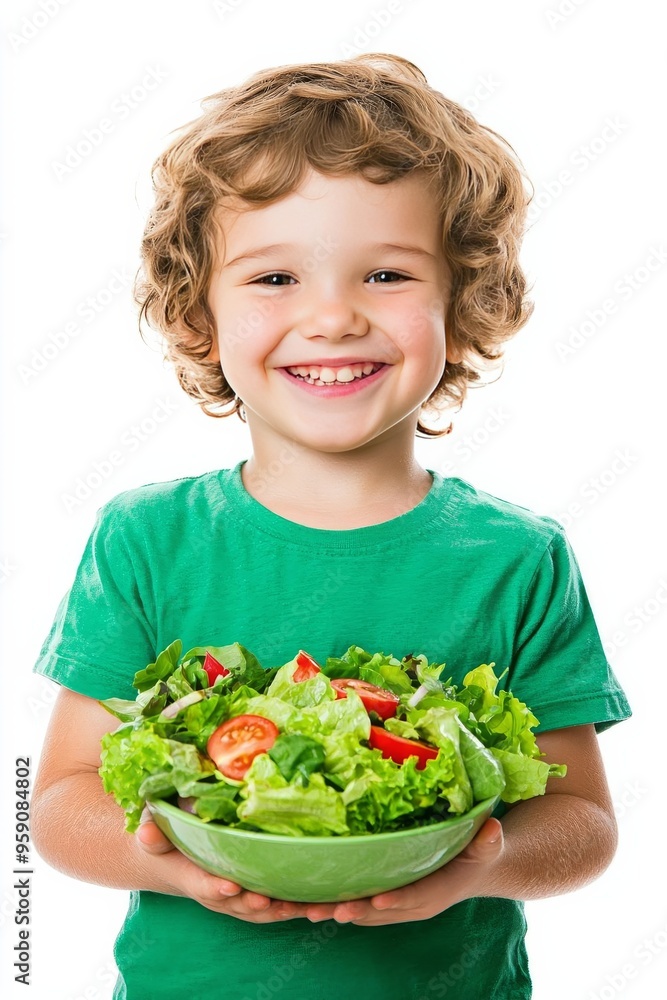 Smiling child in a green shirt holding a bowl of fresh salad with tomatoes and lettuce on a white background. Smiling child in a green shirt holding a bowl of fresh salad with tomatoes and lettuce on a white background.
