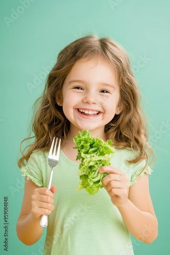 Happy young girl with long hair smiling, holding a fork and leafy green vegetable, promoting healthy eating against a pastel green background. photo