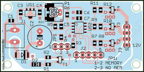 Vector printed circuit board of electronic 
device with components of radio elements, 
conductors and contact pads placed on pcb. 
Engineering technical drawing.  Electric background.