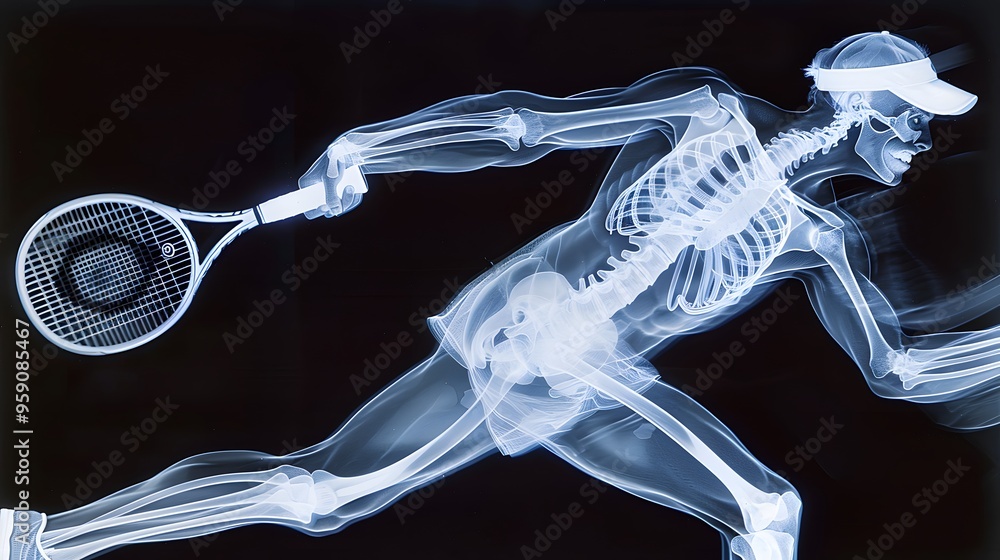 X-Ray of a Tennis Serve: An x-ray image of a tennis player serving, showing the detailed motion of the arm and racket.
X-Ray of a Tennis Serve: An x-ray image of a tennis player serving, showing the detailed motion of the arm and racket.