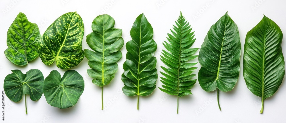 A Row of Various Green Leaves on a White Background A Row of Various Green Leaves on a White Background