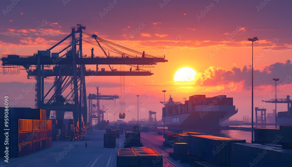 Obraz premium Cargo Ship Docked at a Port at Sunset