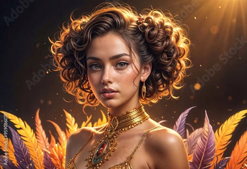 Beautiful girl with model appearance in a gilded outfit
