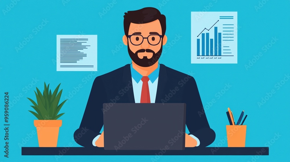 Merchant reviewing financial investments, long-term debt planning, flat design illustration Merchant reviewing financial investments, long-term debt planning, flat design illustration
