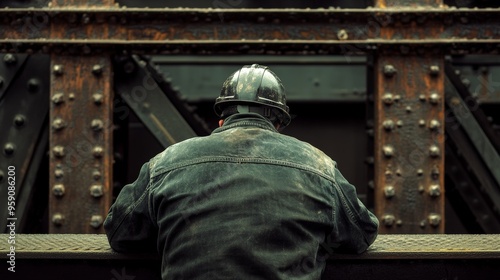 Conceptual image of a steelworker wearing a hardhat in an industrial environment. This image may depict construction or energy industries.