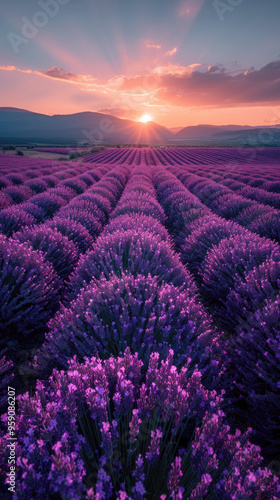 Blooming lavender fields in endless rows of Provence at sunset. Wallpaper for smartphone, photo screensaver for mobile phone.