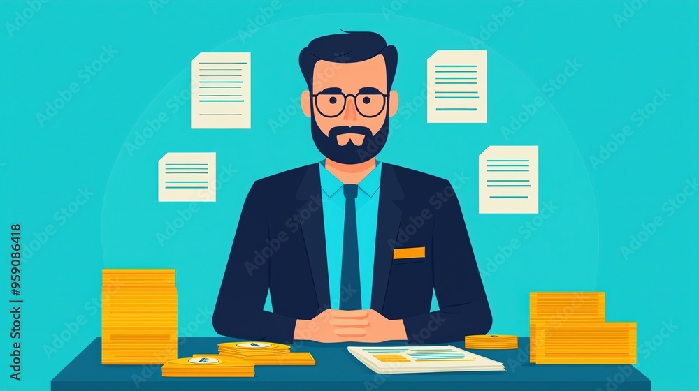 Debt consolidation process, merchant with multiple loans, flat design illustration Debt consolidation process, merchant with multiple loans, flat design illustration