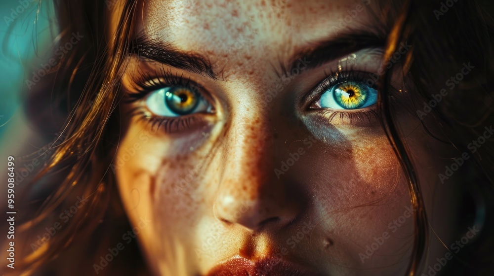 Close-up portrait of a woman with distinctive freckles on her face, ideal for personal or editorial use Close-up portrait of a woman with distinctive freckles on her face, ideal for personal or editorial use