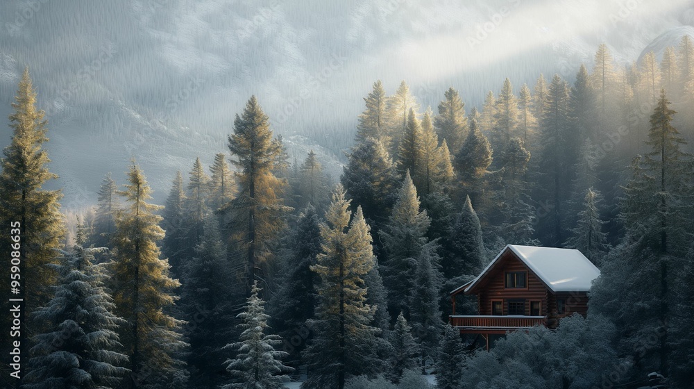 Log cabin in a snowy forest with tall evergreen trees. Log cabin in a snowy forest with tall evergreen trees.