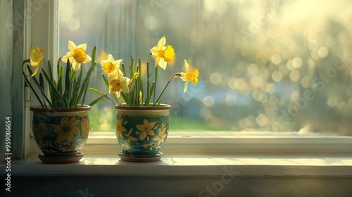 Wallpaper Mural Yellow daffodils in decorative pots on a windowsill. Torontodigital.ca