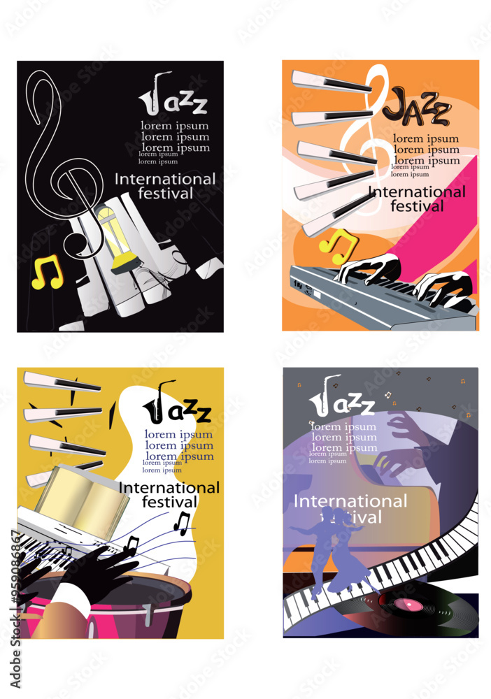 Fototapeta premium Abstract colorful posters with musicians and musical instruments at the party. Jazz band. Hand drawn vector illustration.