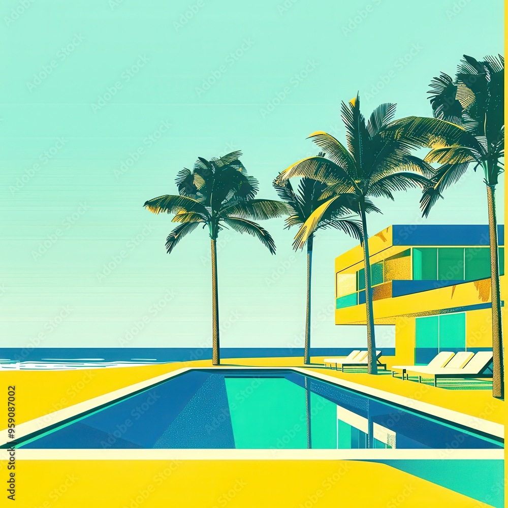 Fototapeta premium Modern luxury villa overlooking tropical beach with palm trees and swimming pool