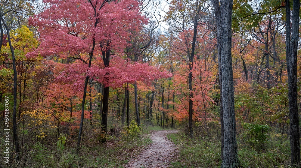 A vibrant autumn forest with trees in shades of red, orange, and yellow, and a path leading through the woods
