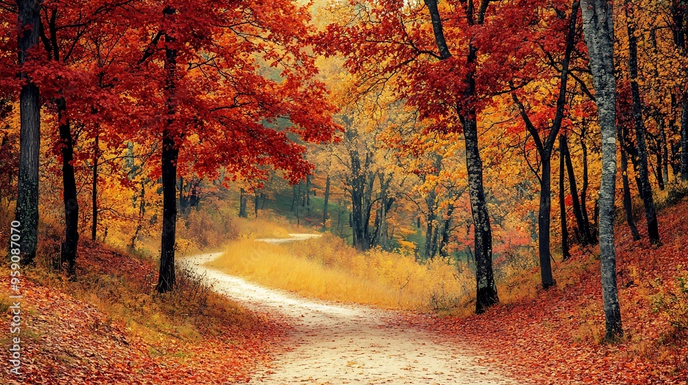 Obraz premium A vibrant autumn forest with trees in shades of red, orange, and yellow, and a path leading through the woods