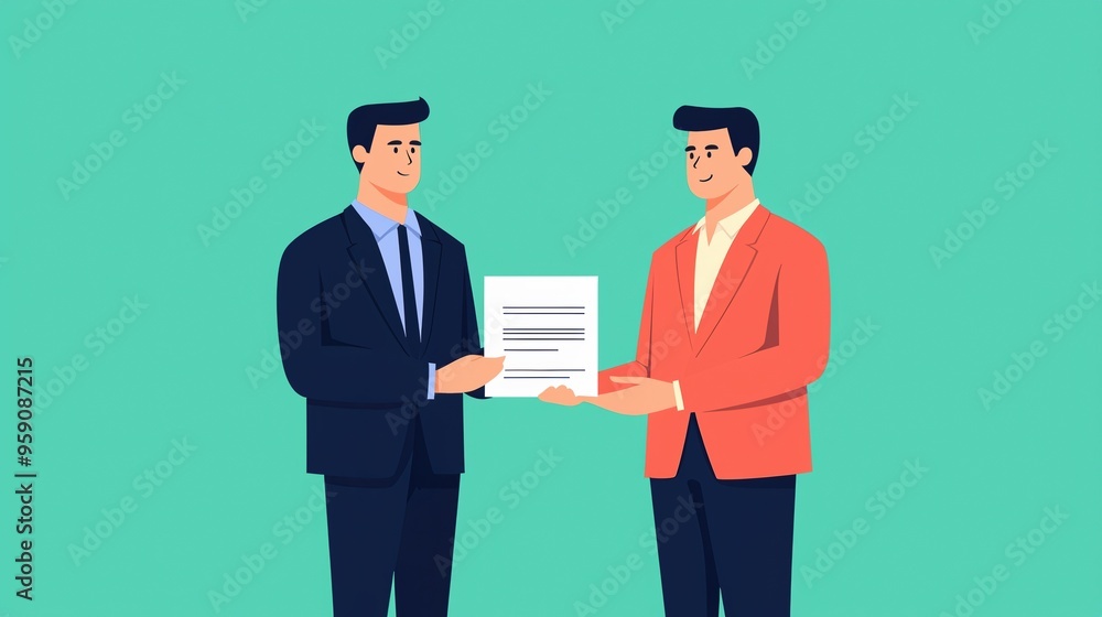 Merchant handing out loan papers, financial consultation, flat design illustration Merchant handing out loan papers, financial consultation, flat design illustration