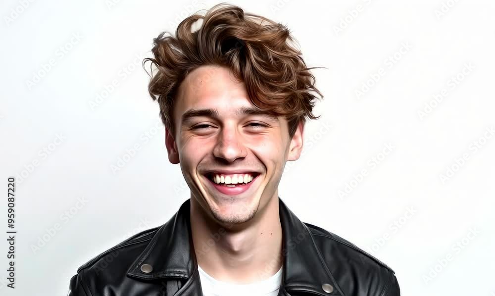 Portrait of a laughing young man in leather jacket on a white background Portrait of a laughing young man in leather jacket on a white background