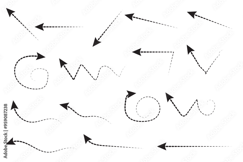 Set of black dotted arrows in doodle style. Broken arrows in the form of a loop. Flow direction. Pointers to the wire, up, down. Curved line. Vector illustration. Set of black dotted arrows in doodle style. Broken arrows in the form of a loop. Flow direction. Pointers to the wire, up, down. Curved line. Vector illustration.