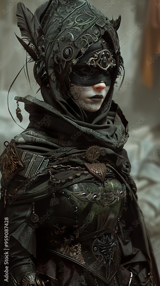 A woman in a dark green hooded cloak and a mask with intricate detailing stands in a dramatic pose. A woman in a dark green hooded cloak and a mask with intricate detailing stands in a dramatic pose.