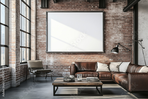 A industrial living room with exposed brick walls and interior. One large, horizontal photo frame on the wall. Mockup for photos and art.