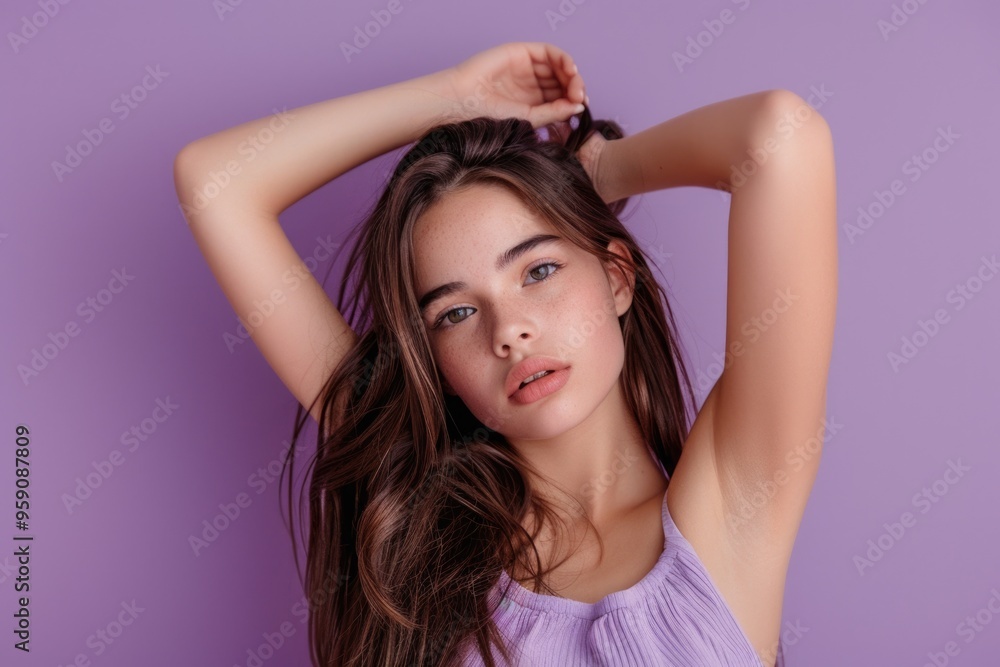 Obraz premium A young woman with long brown hair posing in a natural setting
